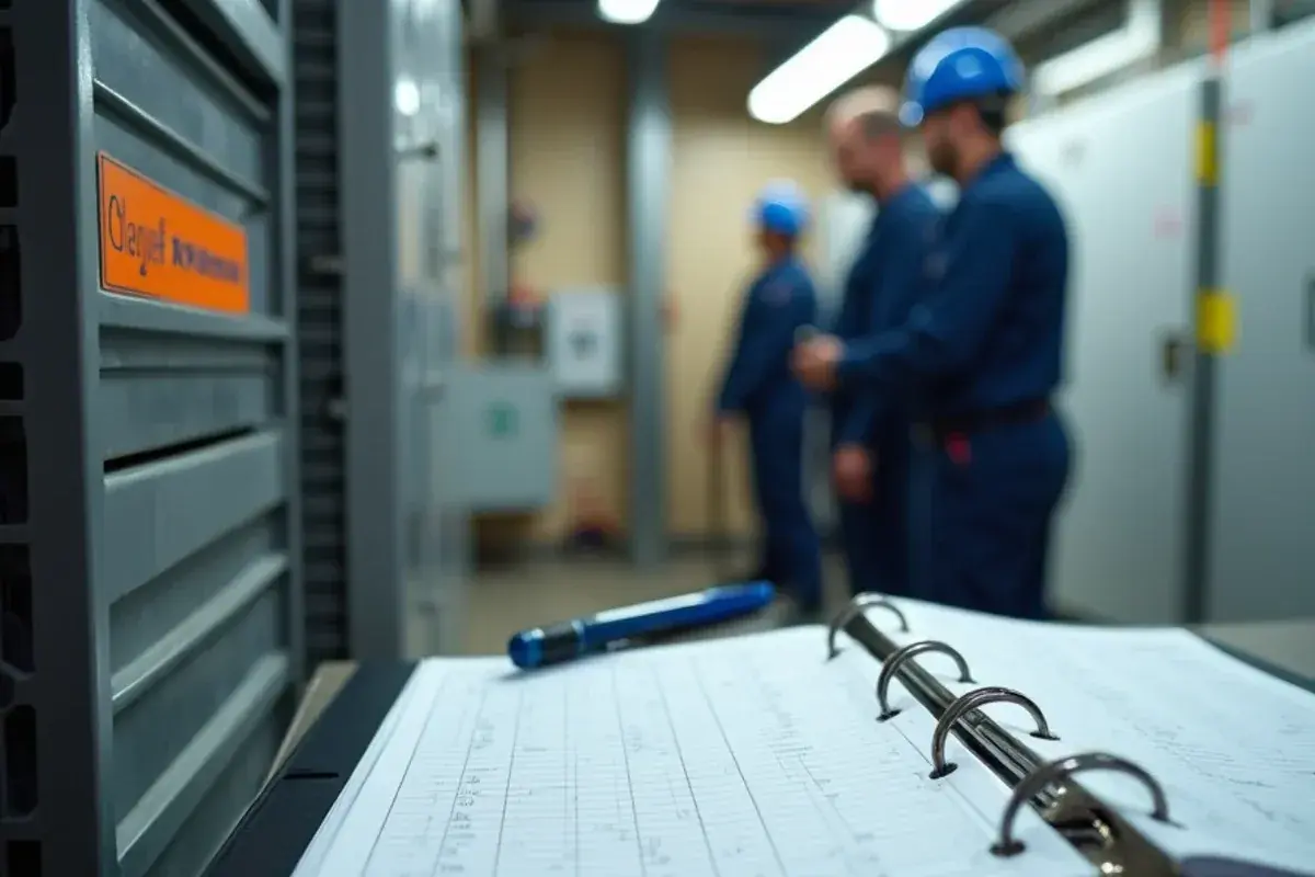 Maintenance log binder and filter-size chart kept in a small commercial mechanical room