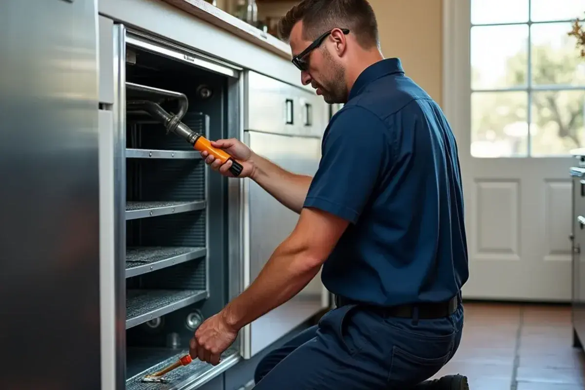 Technician brushing dust off the condenser coil of a reach-in cooler in a small restaurant