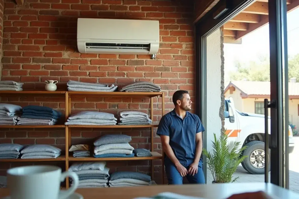Ductless mini-split head mounted high on a brick wall inside an older Valley storefront