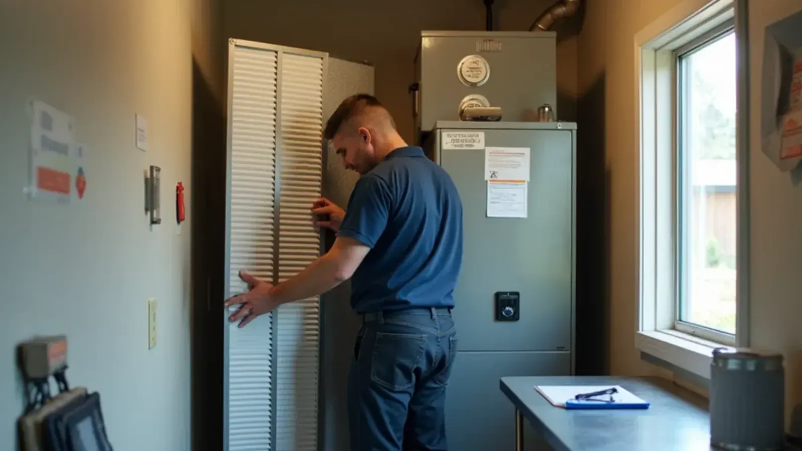 Technician replacing pleated filters in a commercial air handler for a Valley restaurant