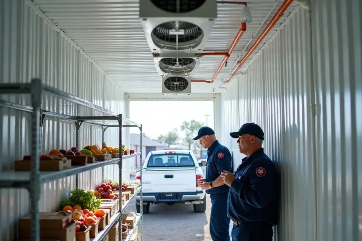 Ceiling-mounted evaporator coil with fans inside a prefabricated commercial walk-in cooler