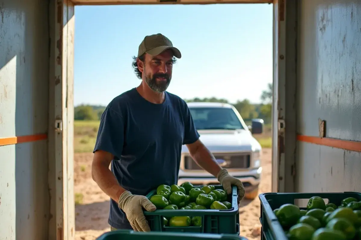 Freshly harvested vegetables in crates being moved into a small farm cold room in Starr County
