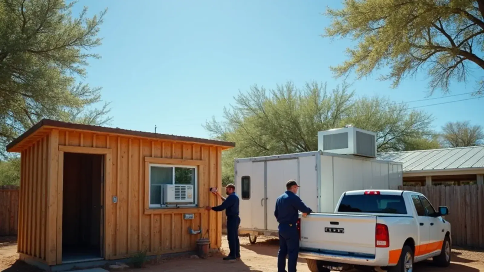 CoolBot cold room with a window air conditioner beside a prefabricated commercial walk-in cooler on a South Texas farm