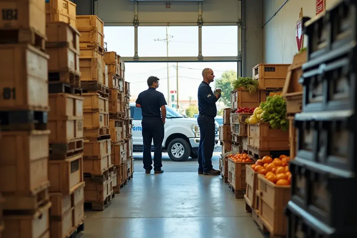 Produce crates stacked with gaps for airflow inside a walk-in cooler at a Valley market