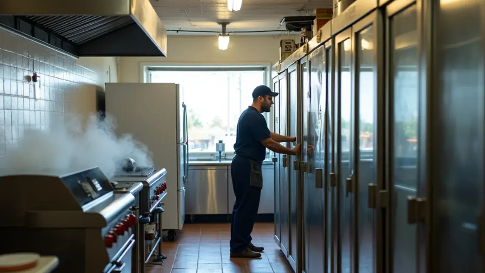 Row of stainless reach-in coolers and an ice machine in a small Valley restaurant kitchen