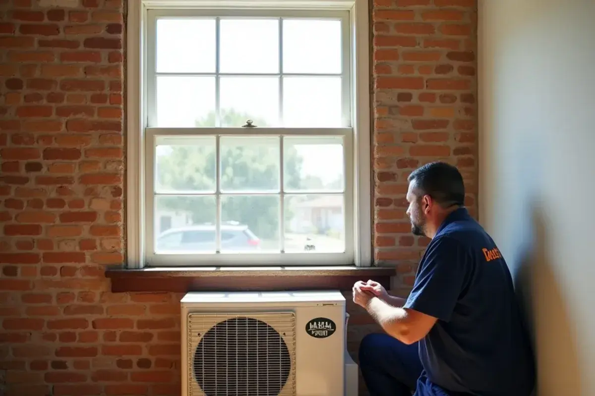 Low floor-mounted ductless console unit below a deep-set window in an older brick room