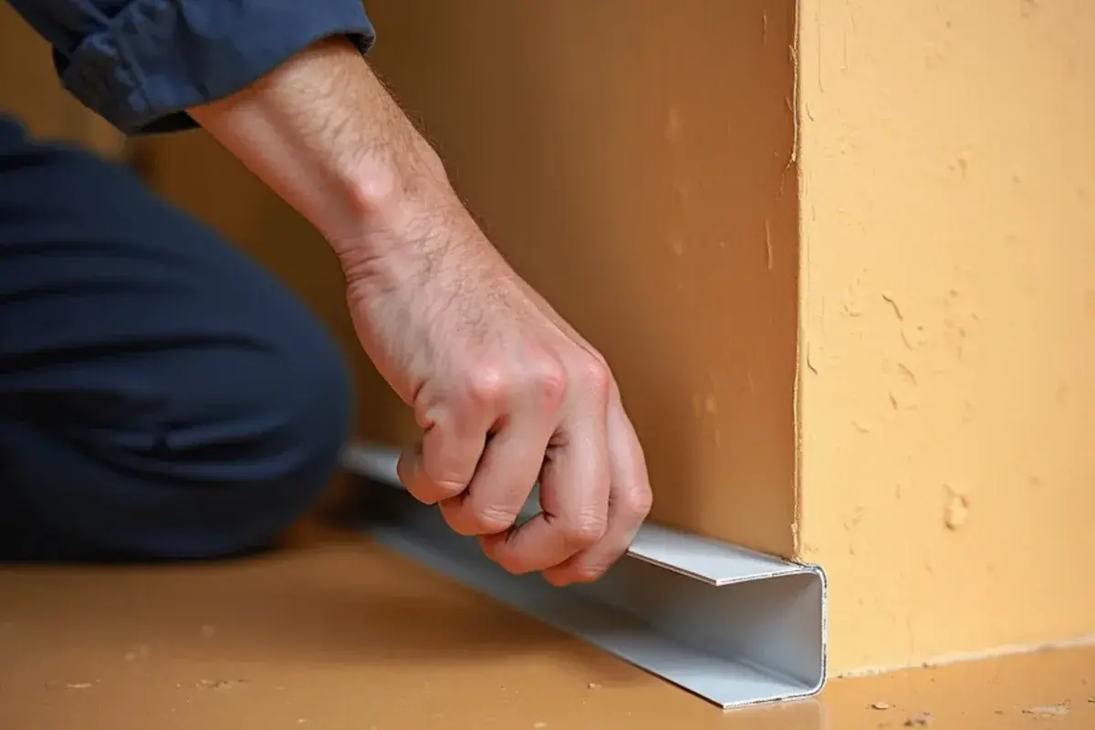 Slim line-hide cover painted to match a plastered wall, carrying a mini-split line set to the ceiling