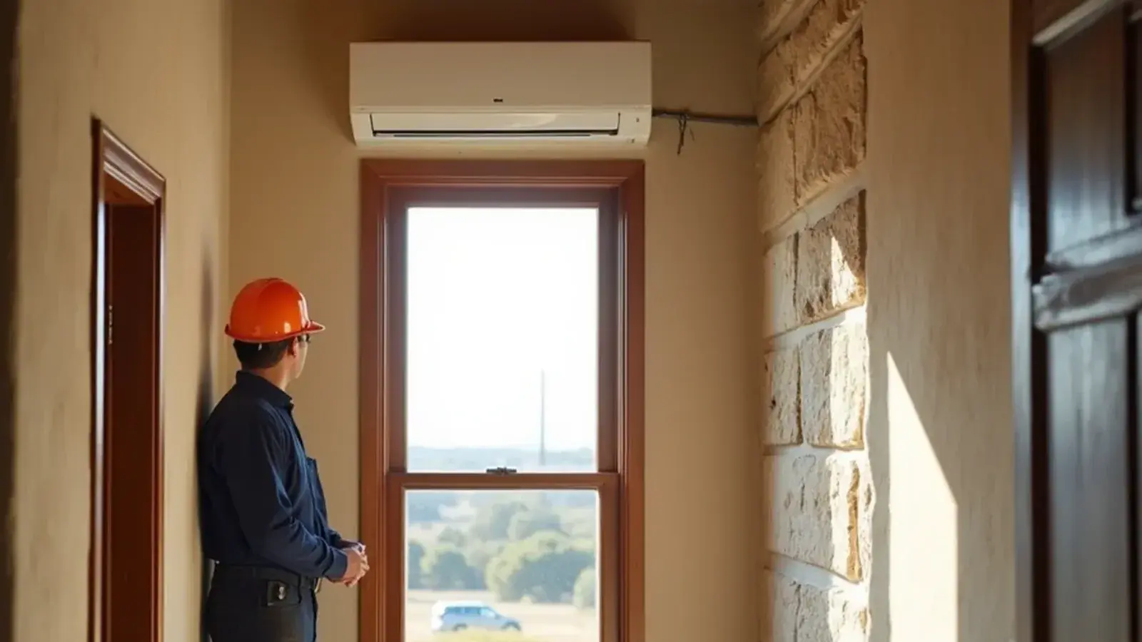 Ductless mini-split head mounted high on a plastered interior wall of an old sandstone home in Roma, TX