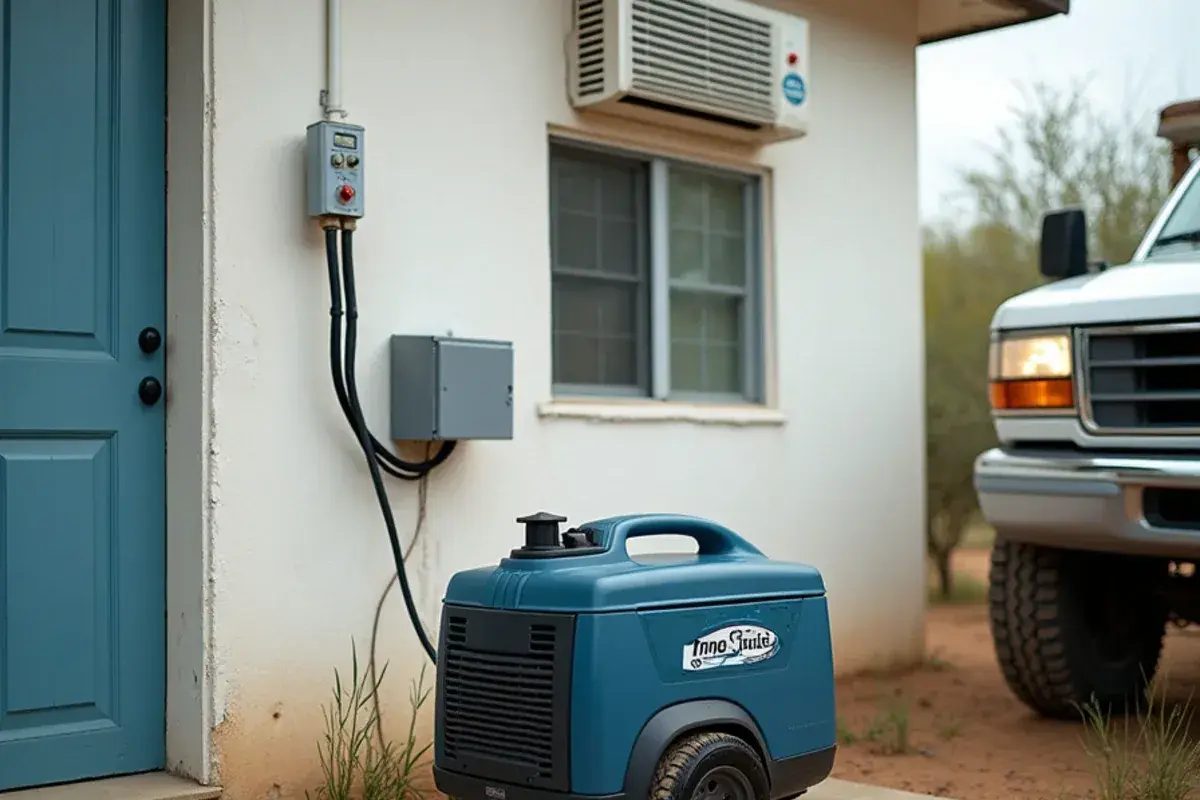 Portable generator positioned outside a ranch cold room with its air conditioner mounted in the wall