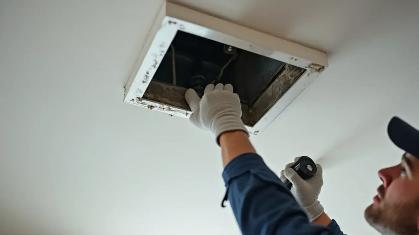 Supply register removed to show the inside of a residential air duct in a dusty South Texas home