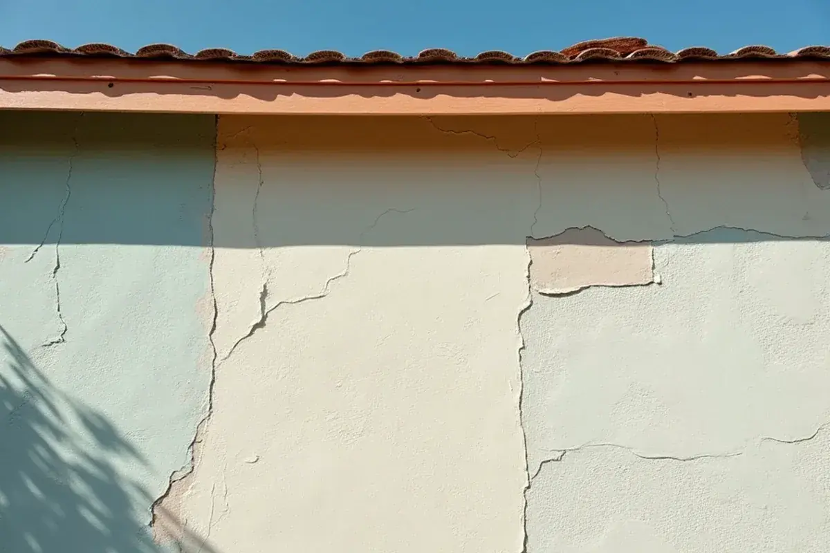 Chalky, sun-faded and peeling paint on the west-facing wall and wood trim of a South Texas house
