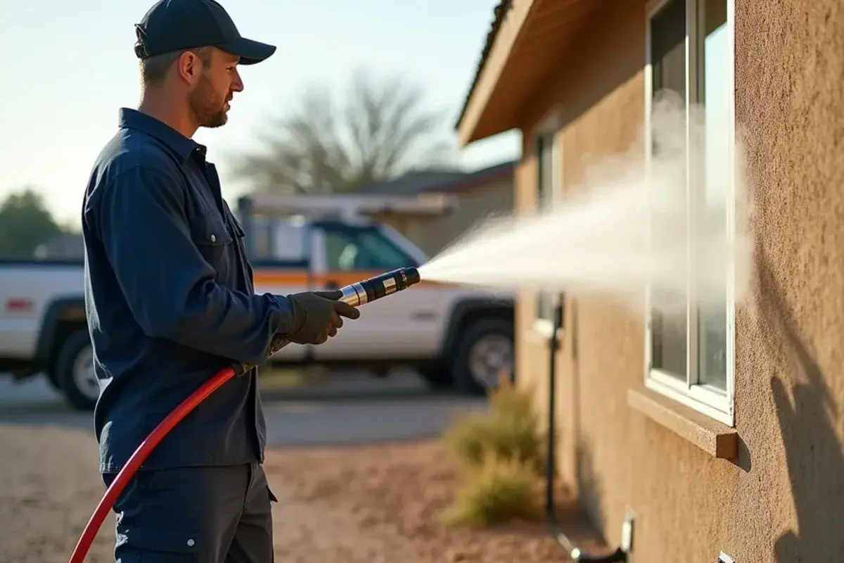 Pressure washing a stucco wall to remove dust, chalk and mildew before exterior painting