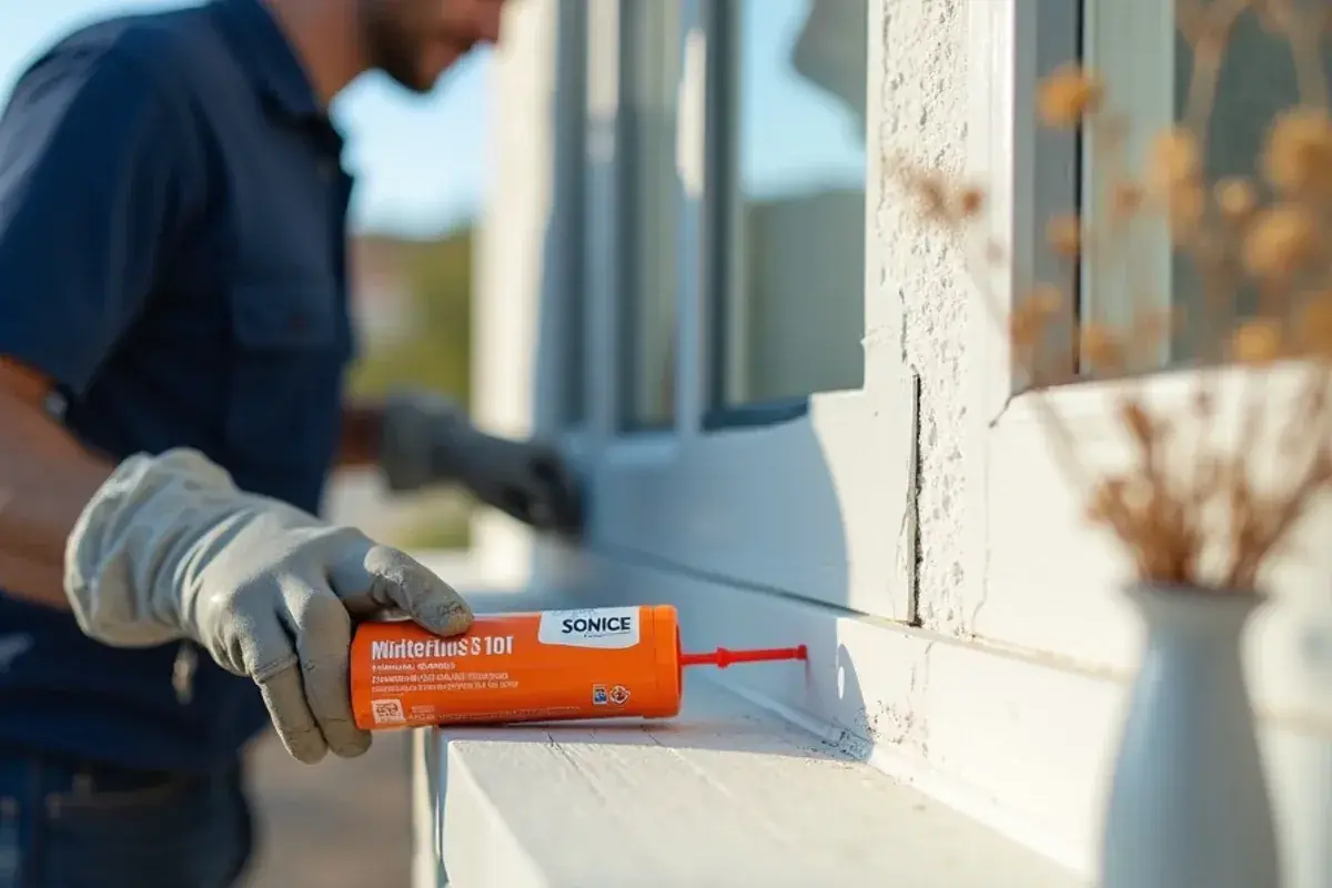 Hairline stucco crack being filled and window trim joint being caulked before painting