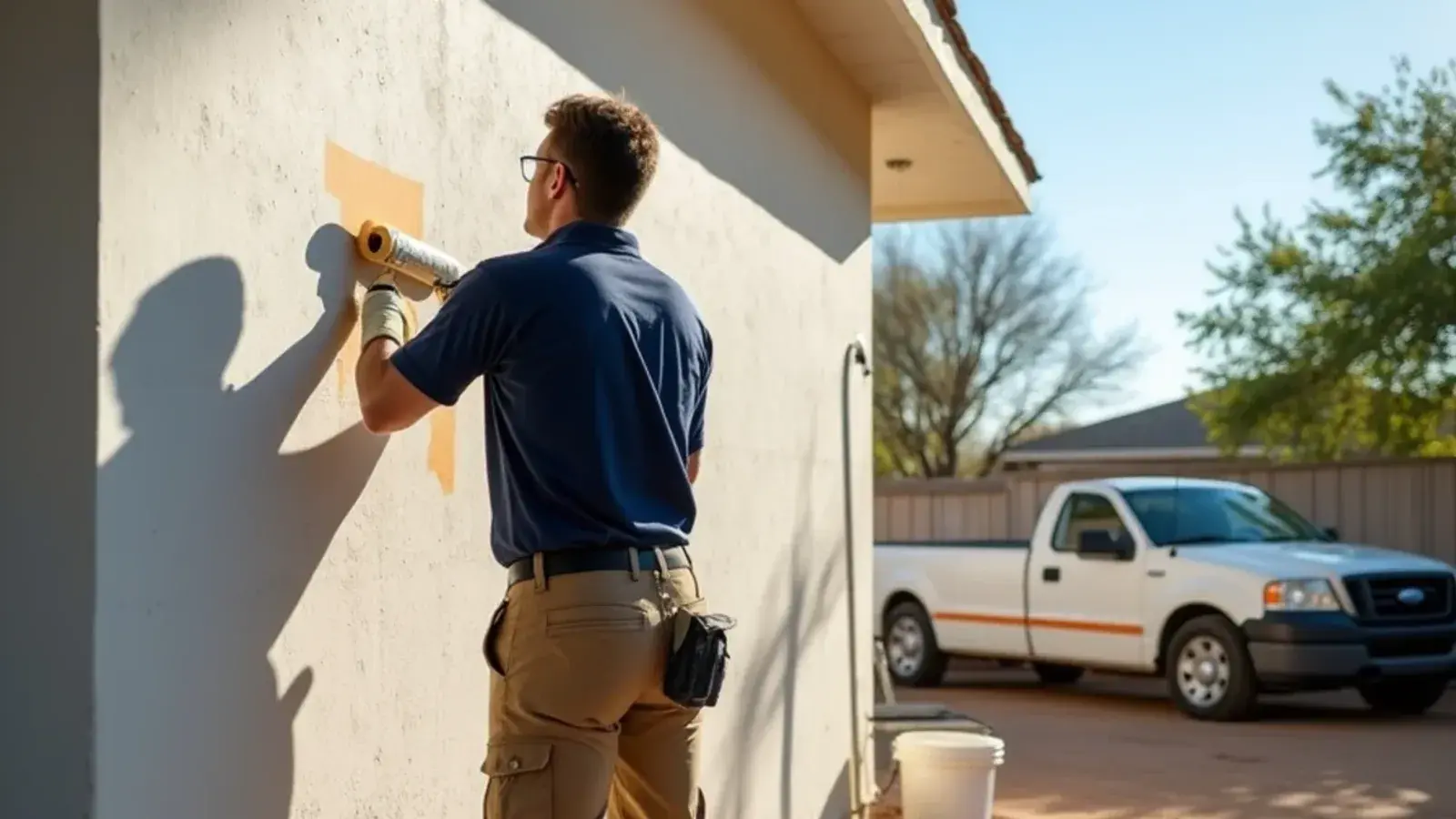Painter rolling light-colored acrylic paint on a stucco house wall in the South Texas morning shade