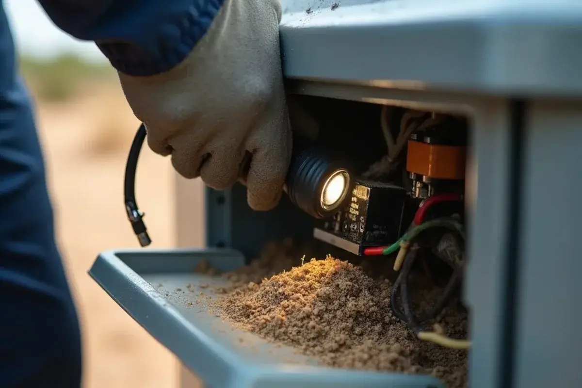 Insect nests and debris inside the electrical compartment of an outdoor AC unit at a part-time house