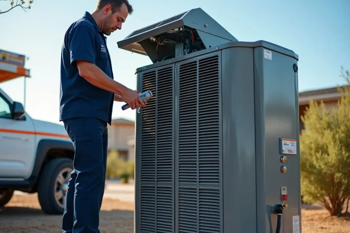 Technician checking the reversing valve area of an outdoor heat pump during fall maintenance