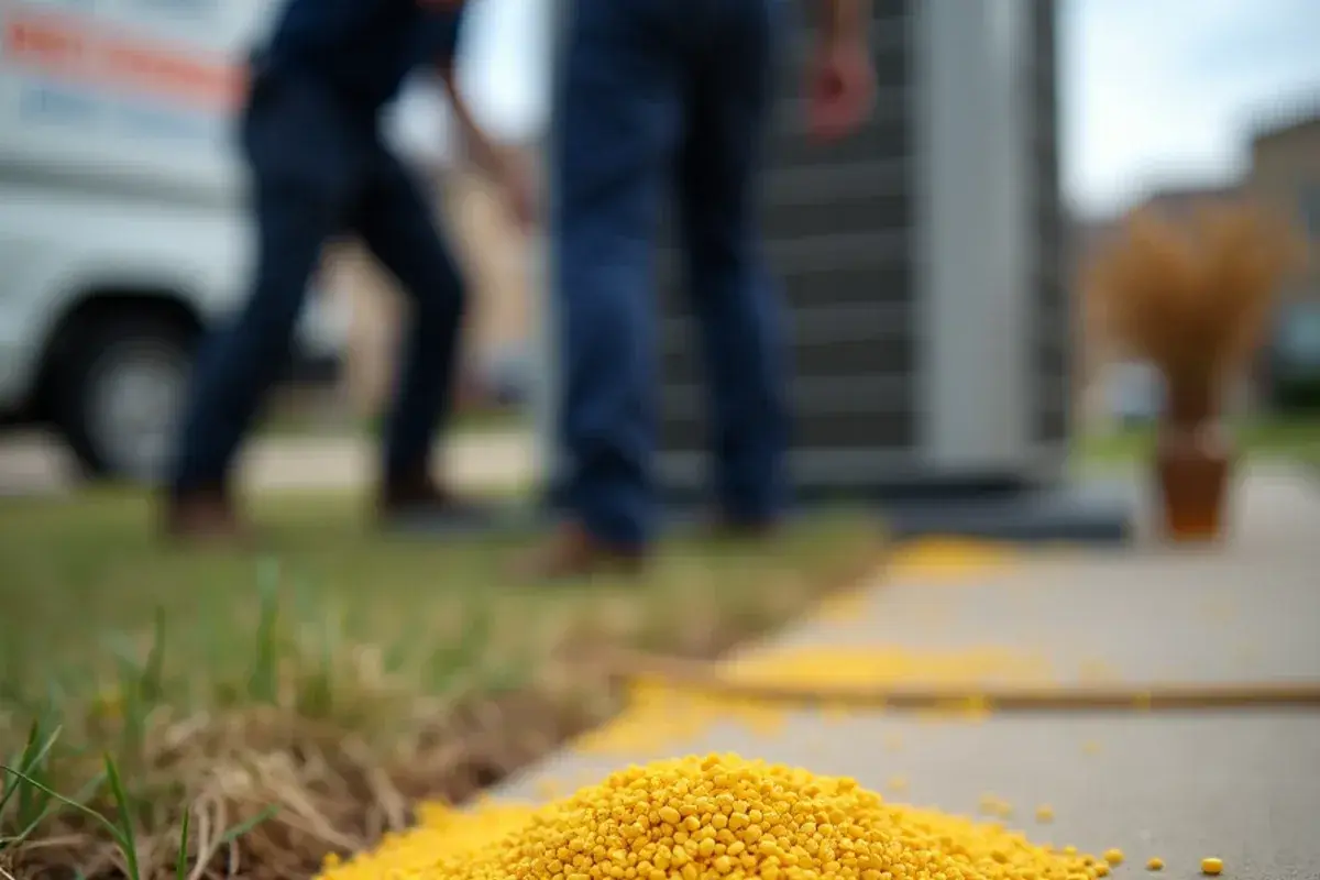 Fire ant bait granules spread on the ground around an AC condenser pad