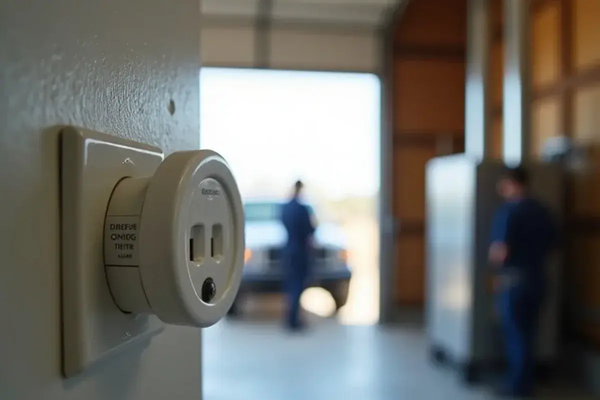 Plug-in carbon monoxide alarm near the door between a garage gas furnace and the house