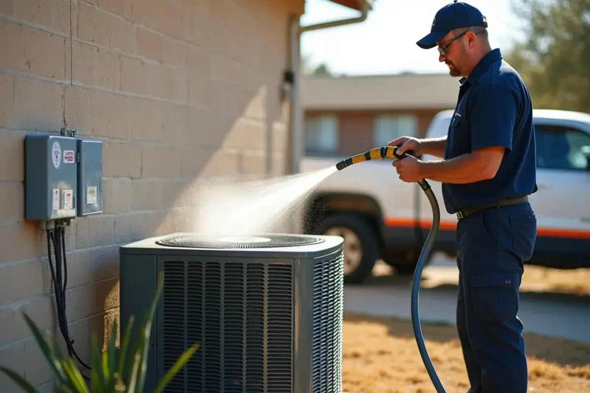 Rinsing dust off an outdoor AC condenser coil with a garden hose in early spring
