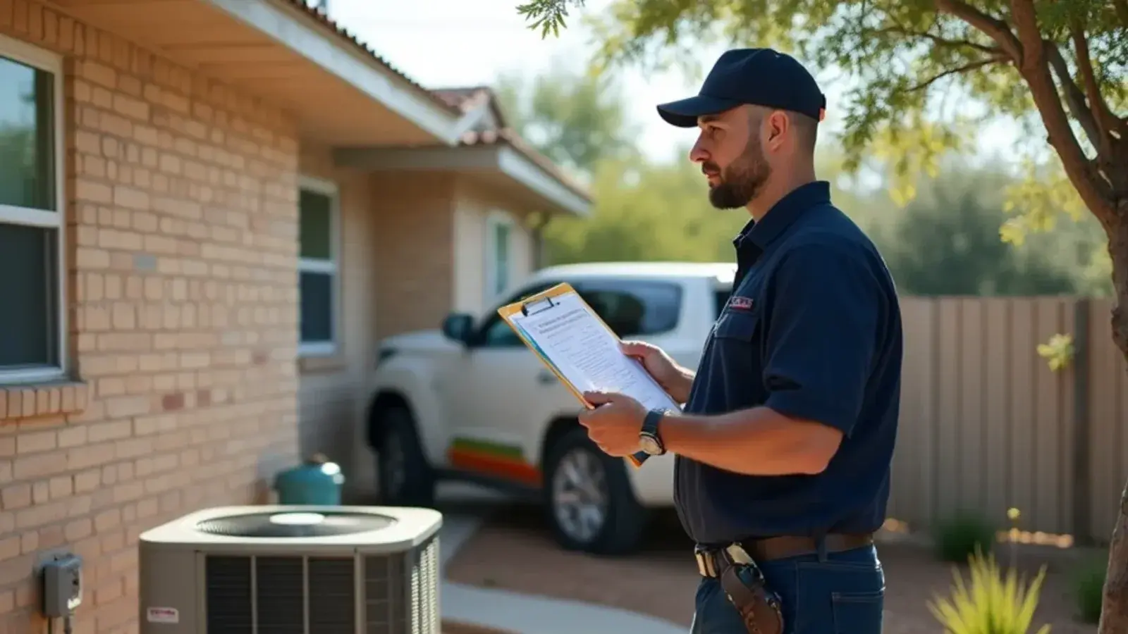 Homeowner checking items off a seasonal home maintenance list beside an AC condenser in Rio Grande City