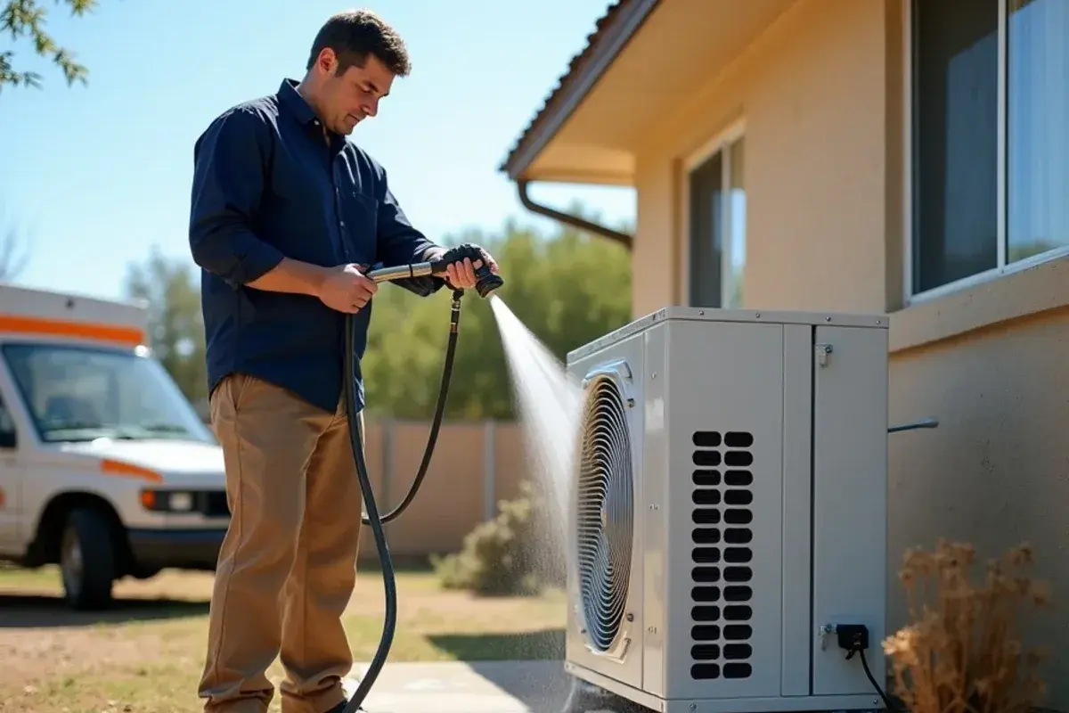Technician gently rinsing a ductless condenser coil with a garden hose beside a block home
