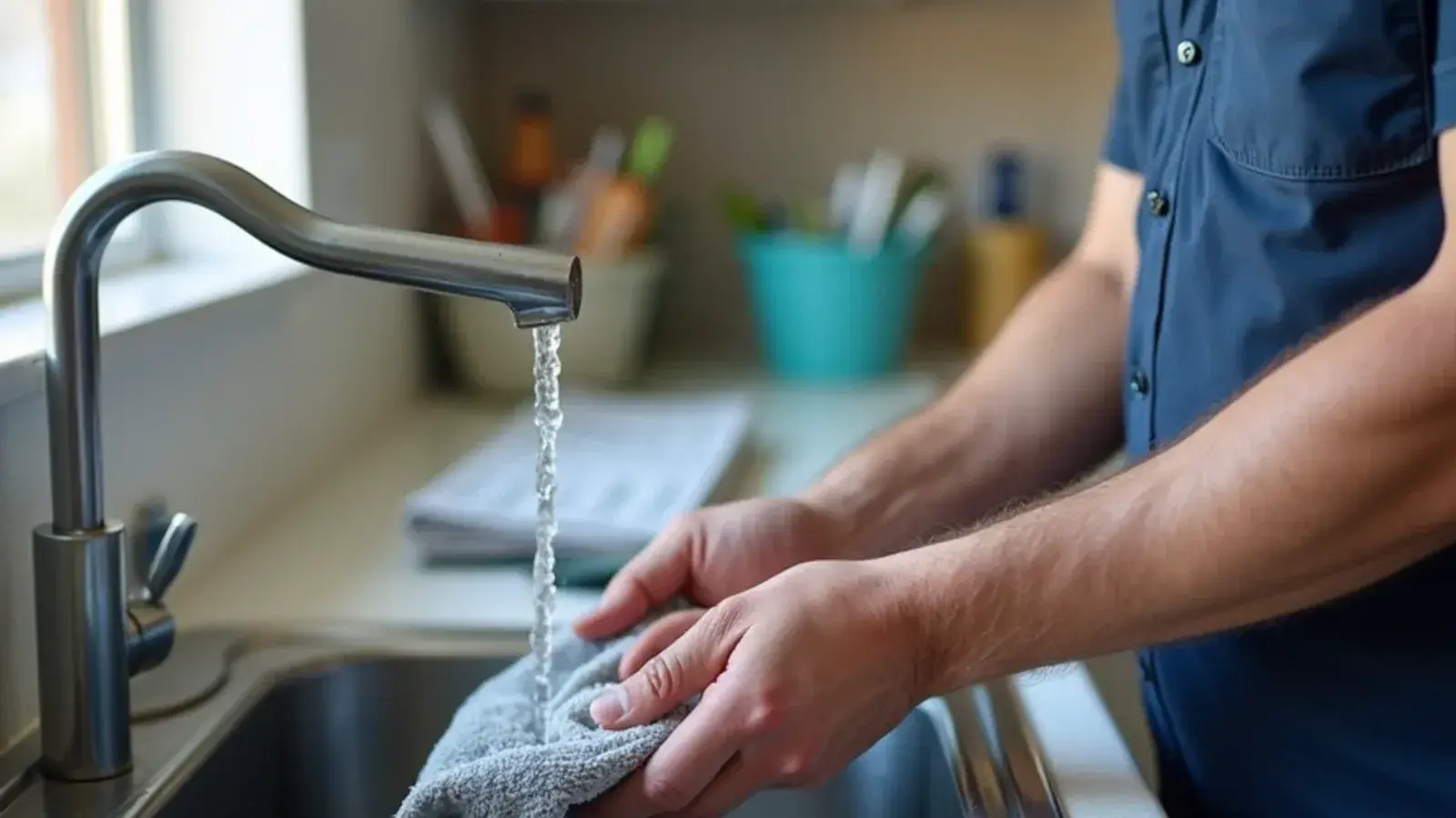 Homeowner rinsing a washable mini-split mesh filter in a utility sink in a South Texas home