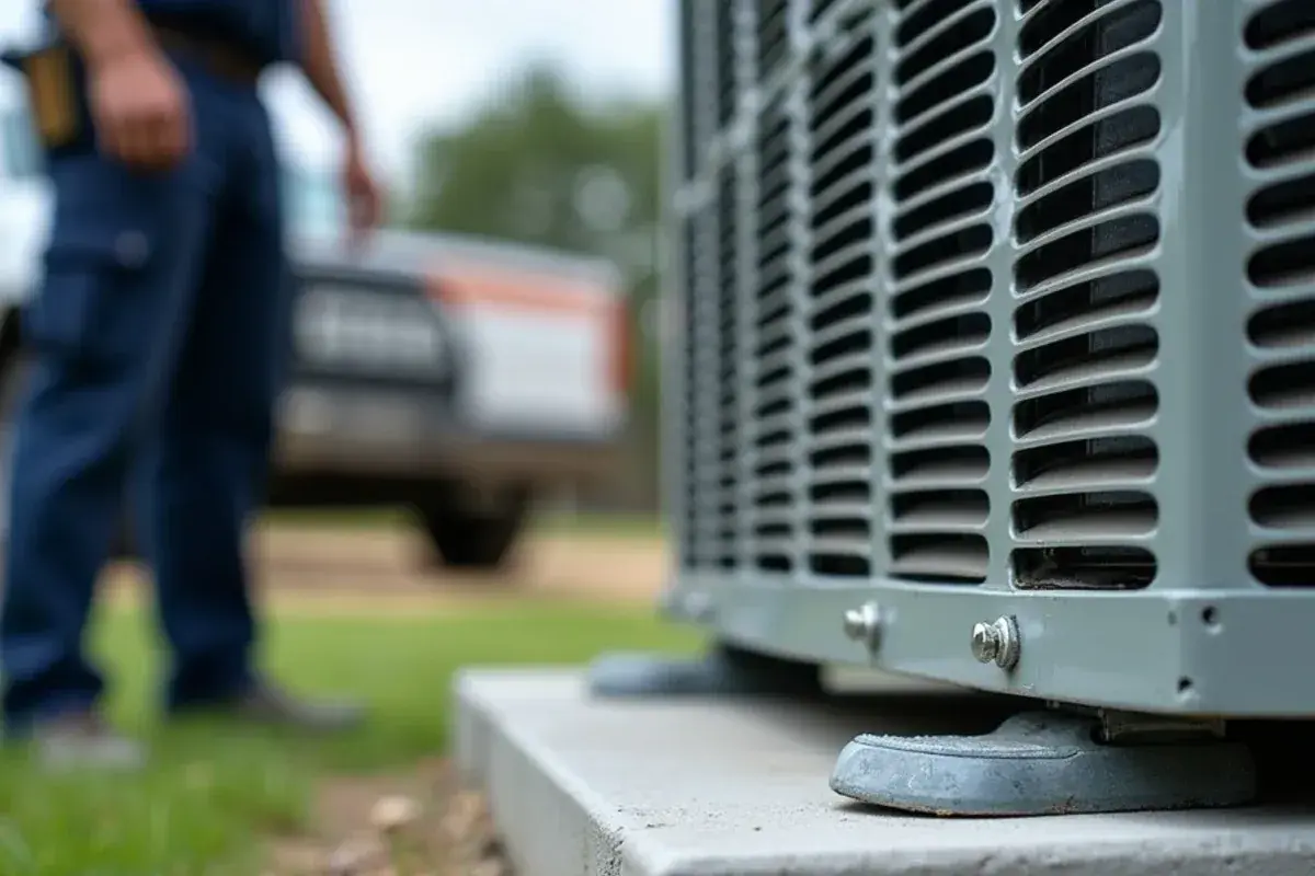 Close view of hurricane tie-down straps bolting an AC condenser to a raised concrete pad