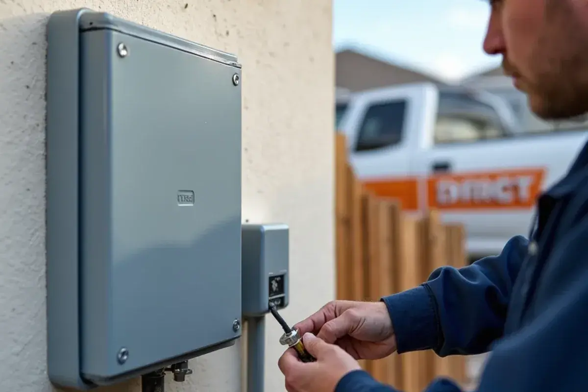 Whole-home surge protective device installed beside an electrical panel to protect an AC system during storms