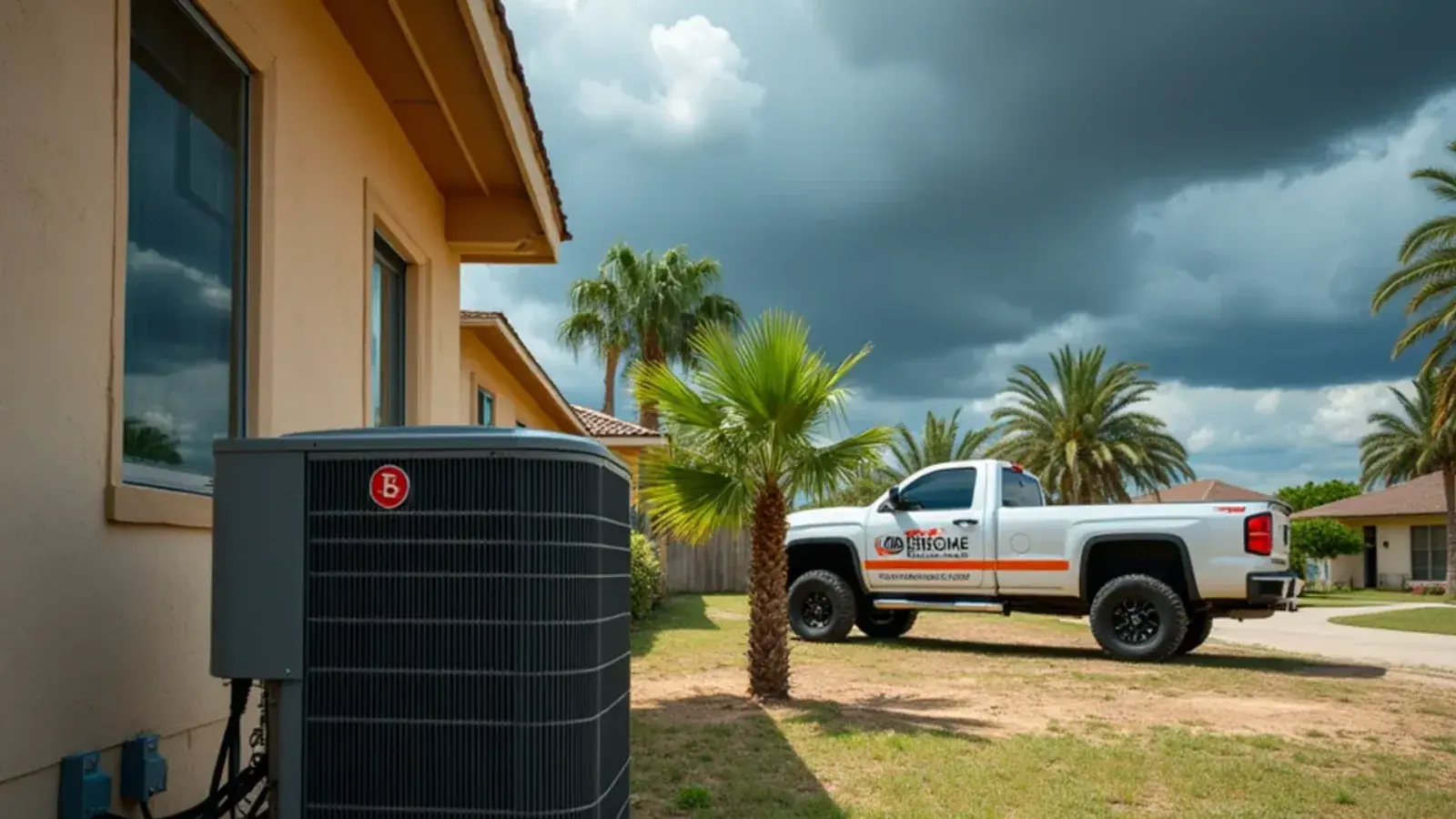 AC condenser strapped to a raised concrete pad beside a Hidalgo County home, ready for hurricane season