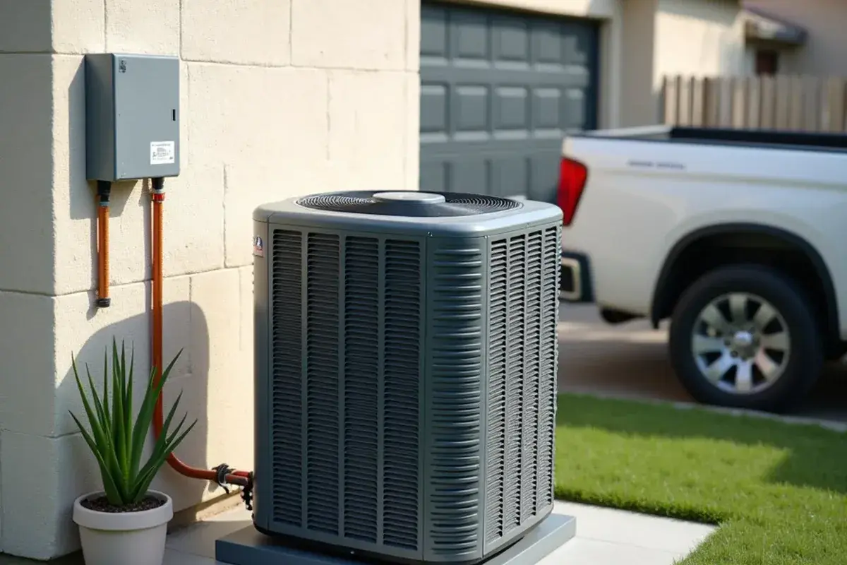 Recently installed heat pump outdoor unit on a level pad at a Rio Grande Valley home