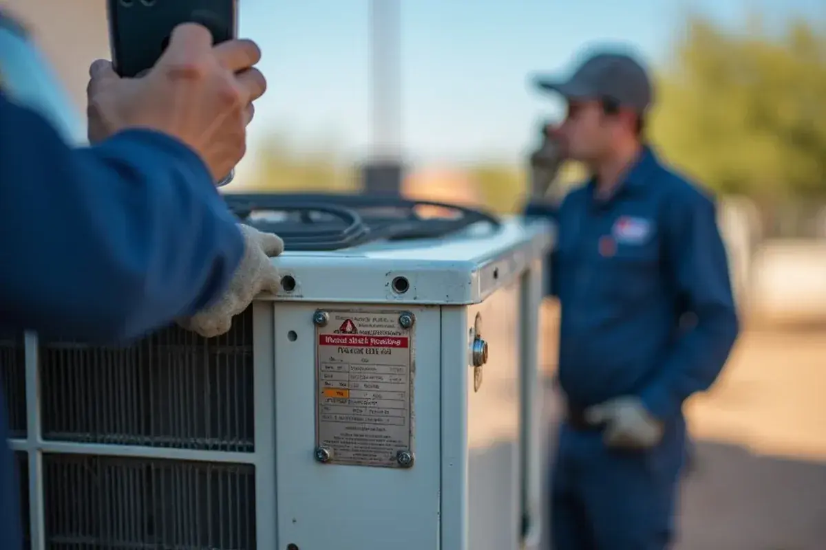 Close-up of the model and serial plate on an outdoor AC unit used to confirm efficiency ratings