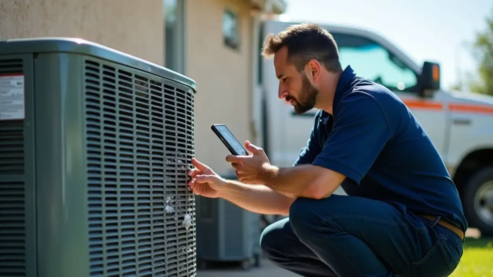 Hail-dented AC condenser fins being photographed by a homeowner for an insurance claim in Hidalgo County