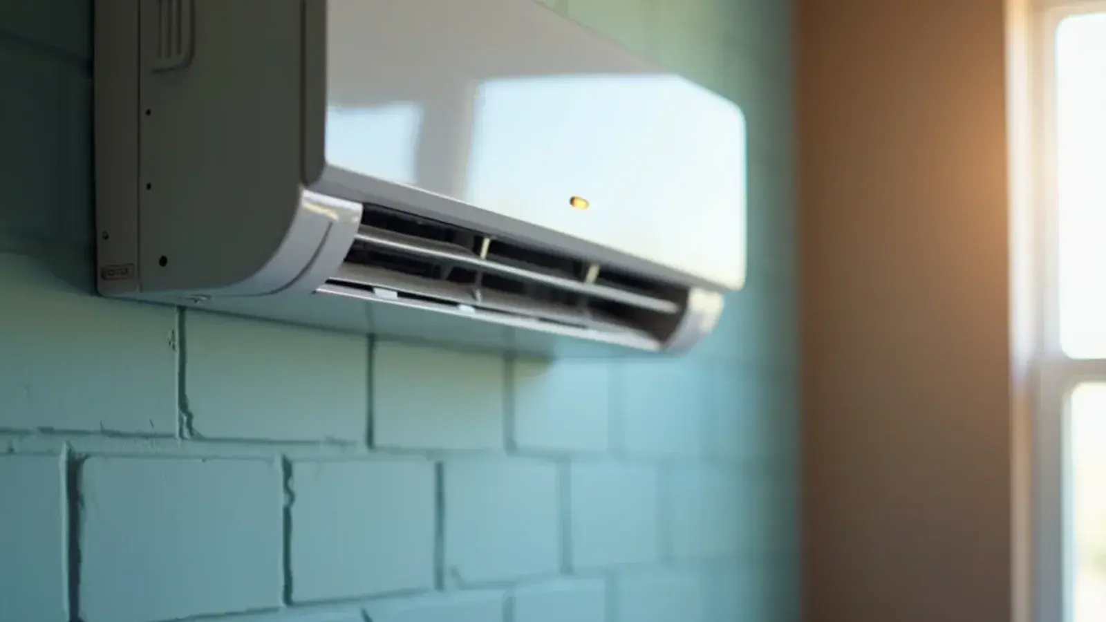 Close view of a wall-mounted mini-split indoor head with a lit display panel in a South Texas bedroom