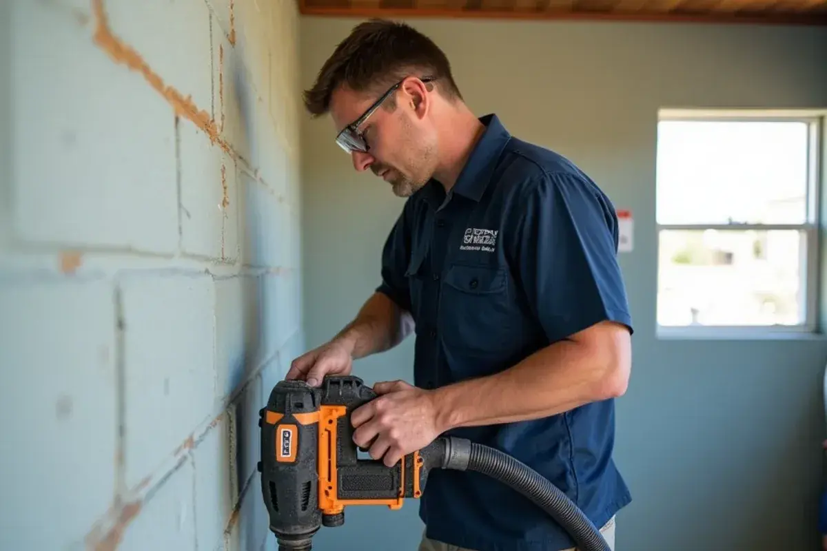 Technician core-drilling a line set hole through a cinder-block wall for a mini-split installation