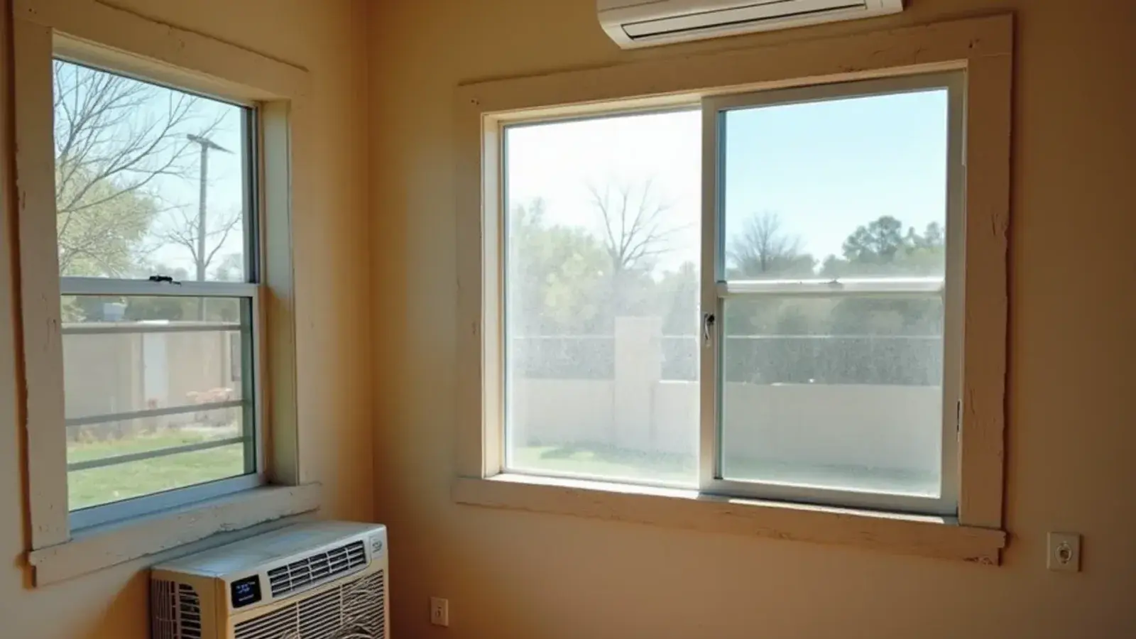 Window air conditioner and a wall-mounted mini-split head side by side in a South Texas living room