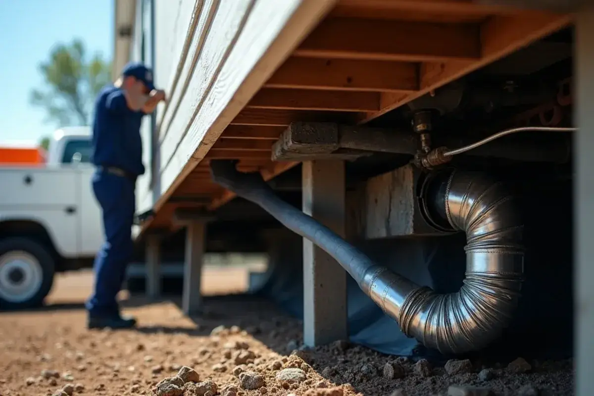 Torn underbelly wrap and sagging belly duct beneath a manufactured home in Starr County