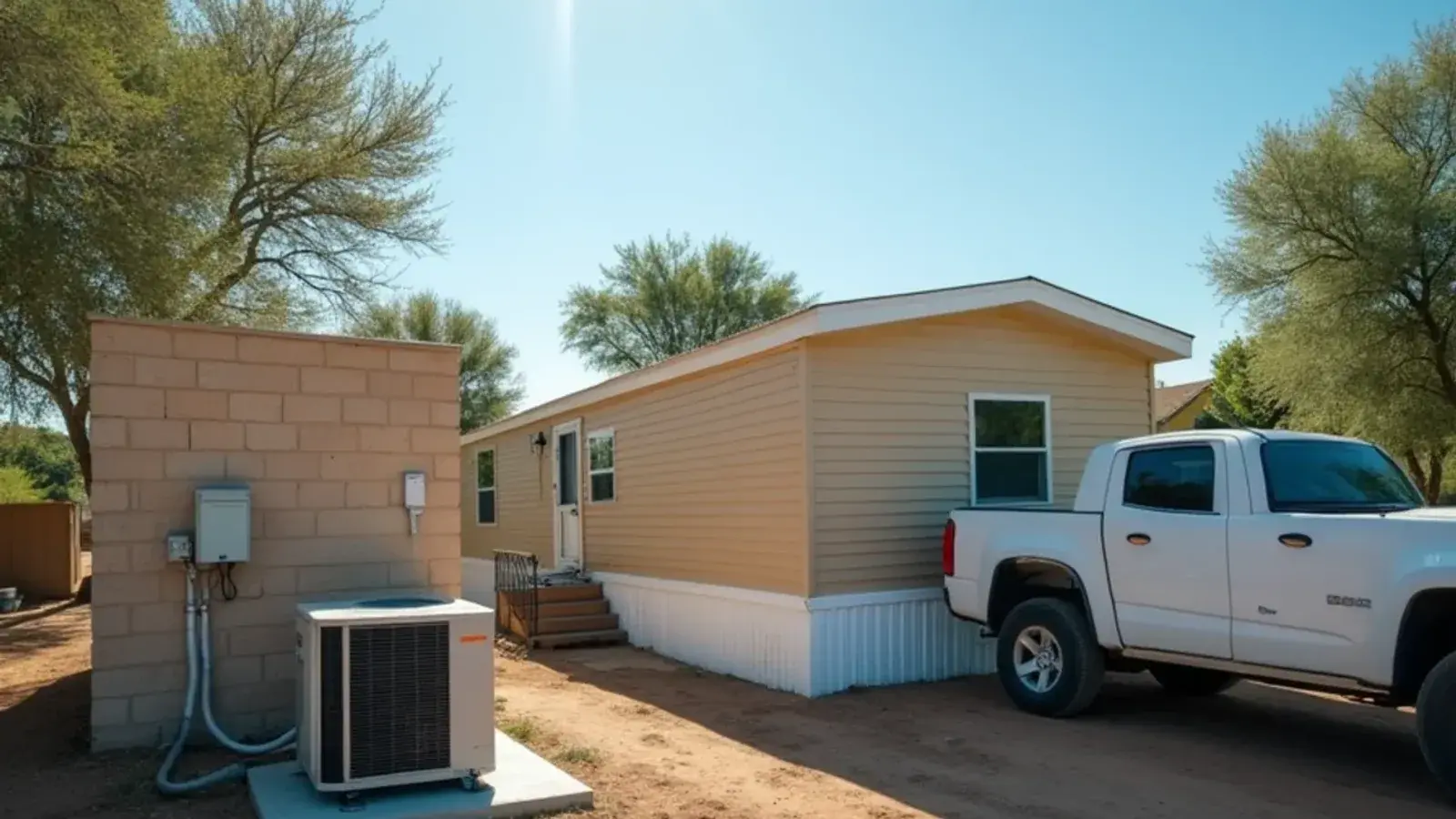 Single-wide manufactured home with a package AC unit beside it on a rural Starr County lot