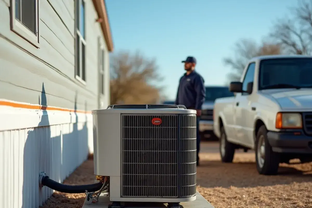 Single-package AC unit connected by a short duct to the underside of a manufactured home in Starr County