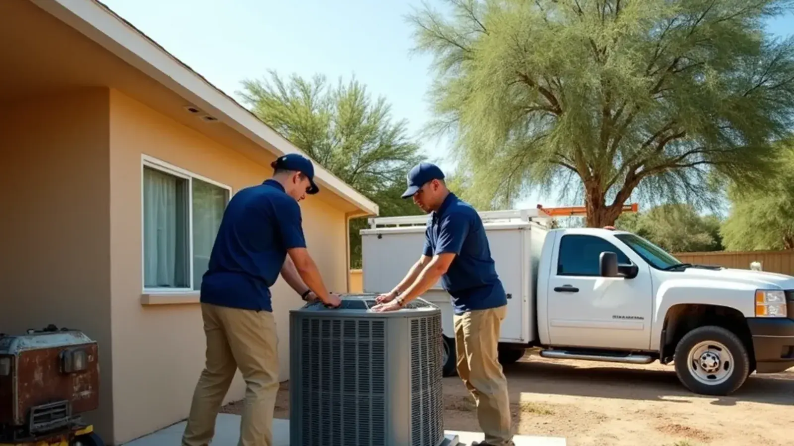 New outdoor AC condenser being set on a concrete pad beside a single-story stucco home in Rio Grande City