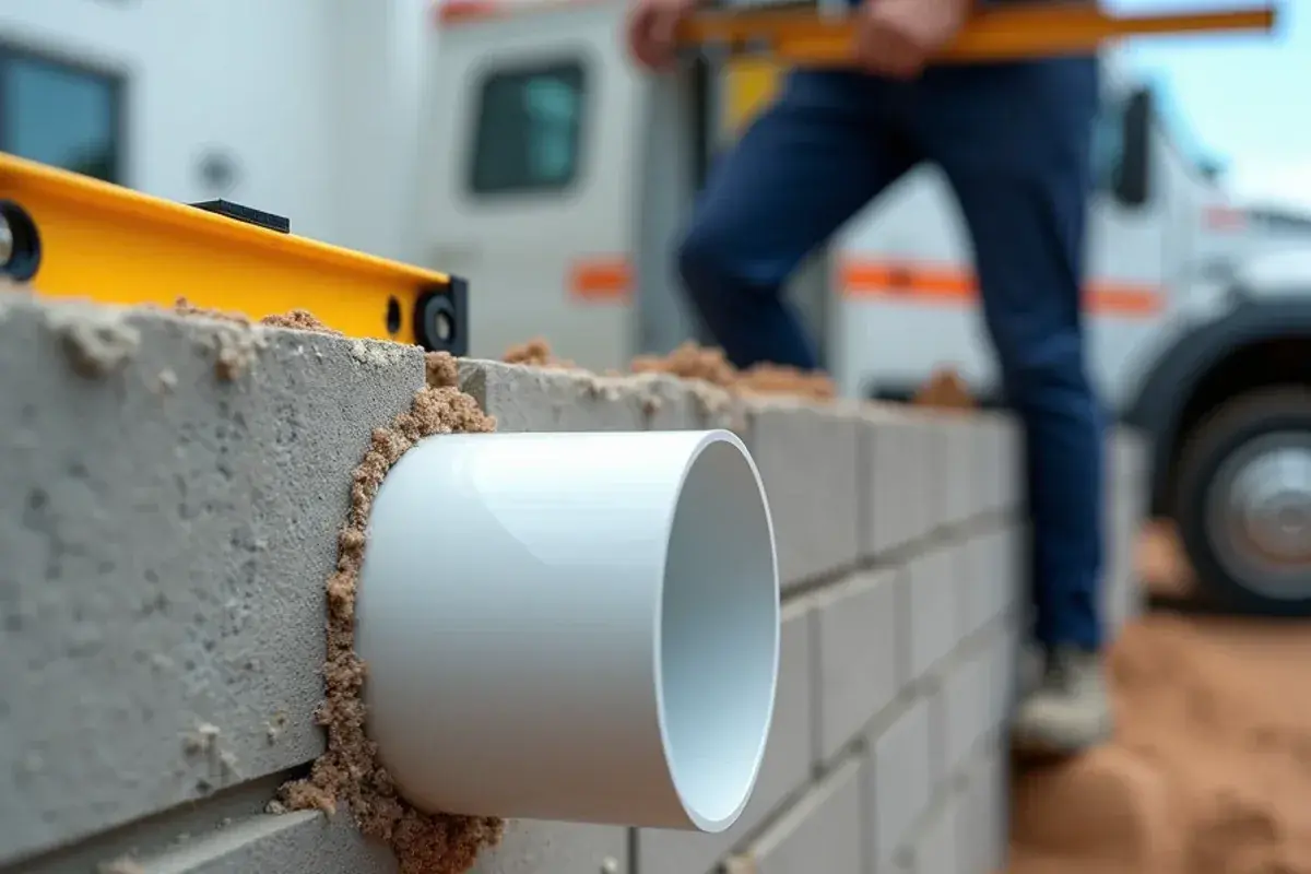 PVC sleeve cast through a concrete block wall to route mini-split refrigerant lines and drain