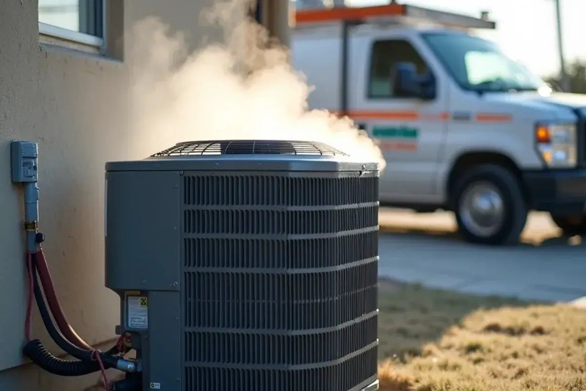 Steam rising from a heat pump outdoor unit during a normal defrost cycle on a cold Valley morning