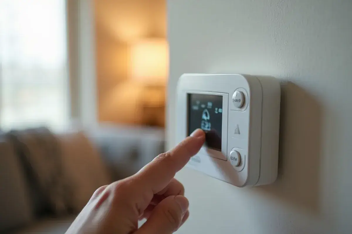 Homeowner switching a wall thermostat to emergency heat during a freeze in a Rio Grande Valley house