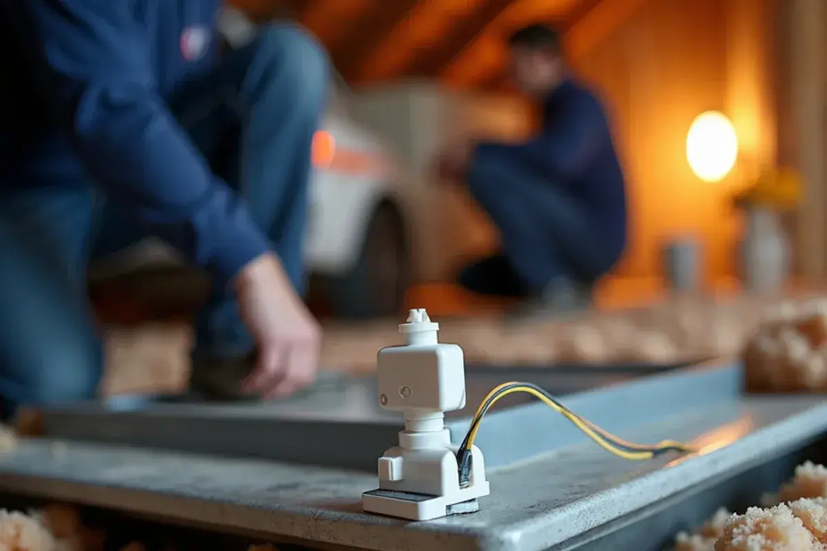 Float safety switch mounted in a secondary drain pan beneath an attic air handler