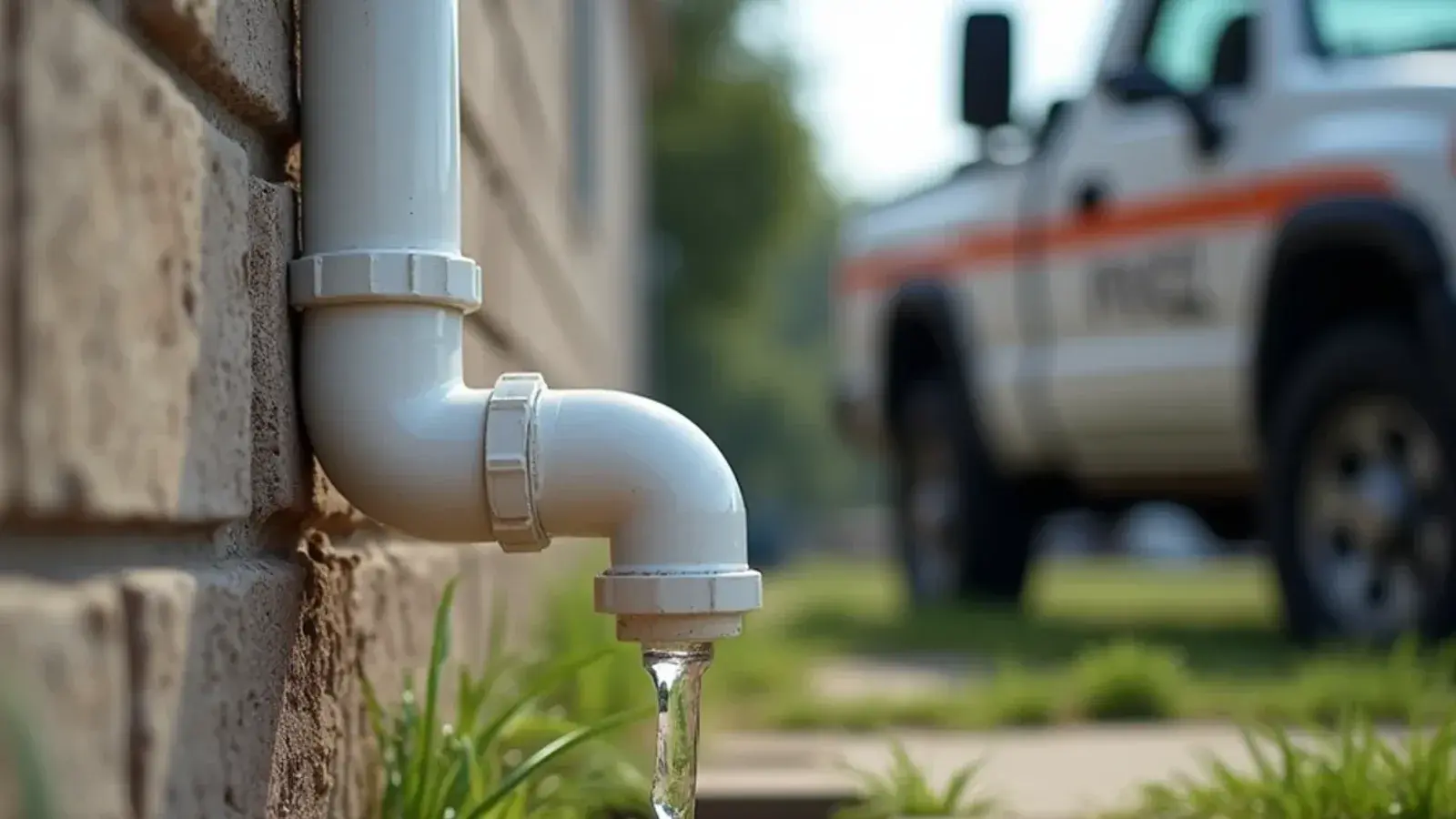 PVC condensate drain line dripping clear water onto gravel beside a block home in the Rio Grande Valley