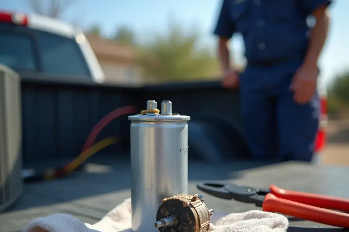 Run capacitor and contactor on a workbench, typical low-cost AC repair parts