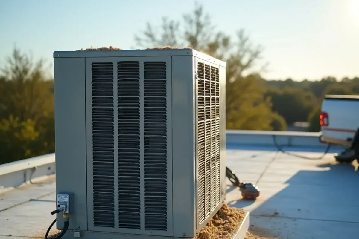 Rooftop unit condenser coil clogged with dust and debris on a commercial roof