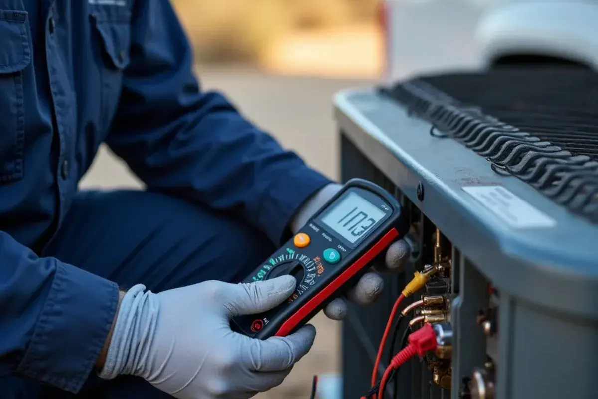 Technician testing compressor windings with a multimeter at the terminal block during compressor diagnosis