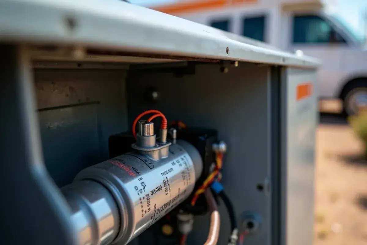 Hard start kit wired beside the run capacitor in an AC condenser electrical compartment
