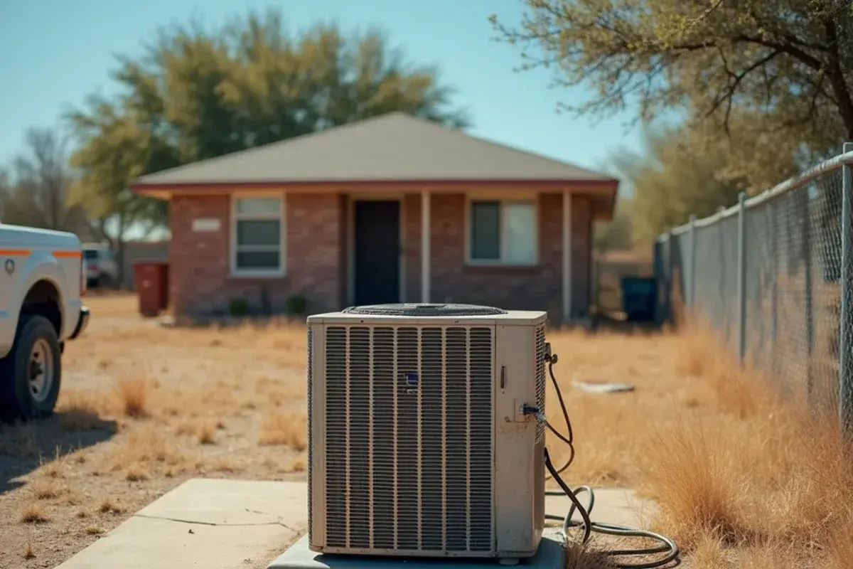 Aging R-22 AC condenser beside a ranch-style home on US-83 in Garceño, TX