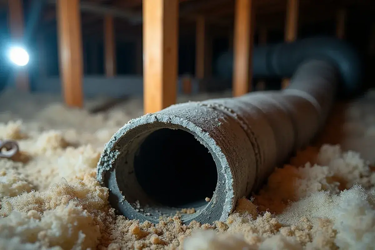 Dark streaks on attic insulation marking where a supply duct joint has been leaking air